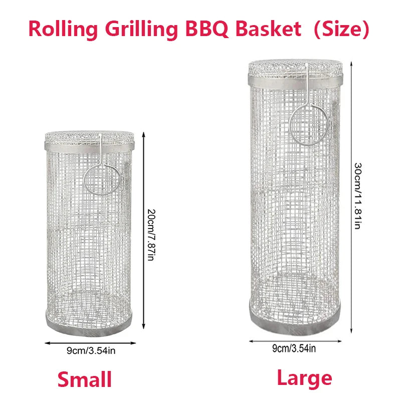 Stainless Steel Rolling Grilling BBQ Basket: Leakproof Mesh Barbecue Rack for Outdoor Picnic & Camping