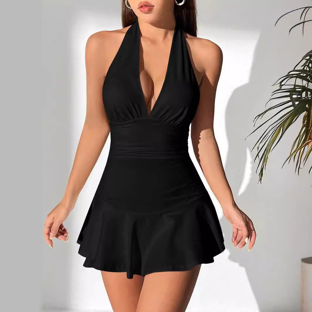 Sexy Deep V-neck Low-cut Tummy-covering Slimming Halter Dress CozyPet Store