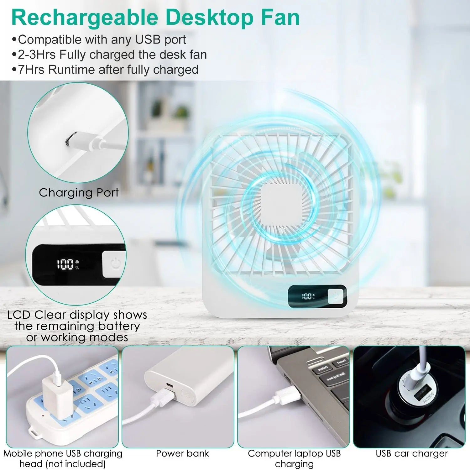 3 Colors Options -- 1Pc Mini Desktop Cooling Fan Rechargeable Battery Powered Personal Fan Speed Adjustment Strong Airflow Quiet Travel Fan With LCD Display For Home Office Travel - MaJuah