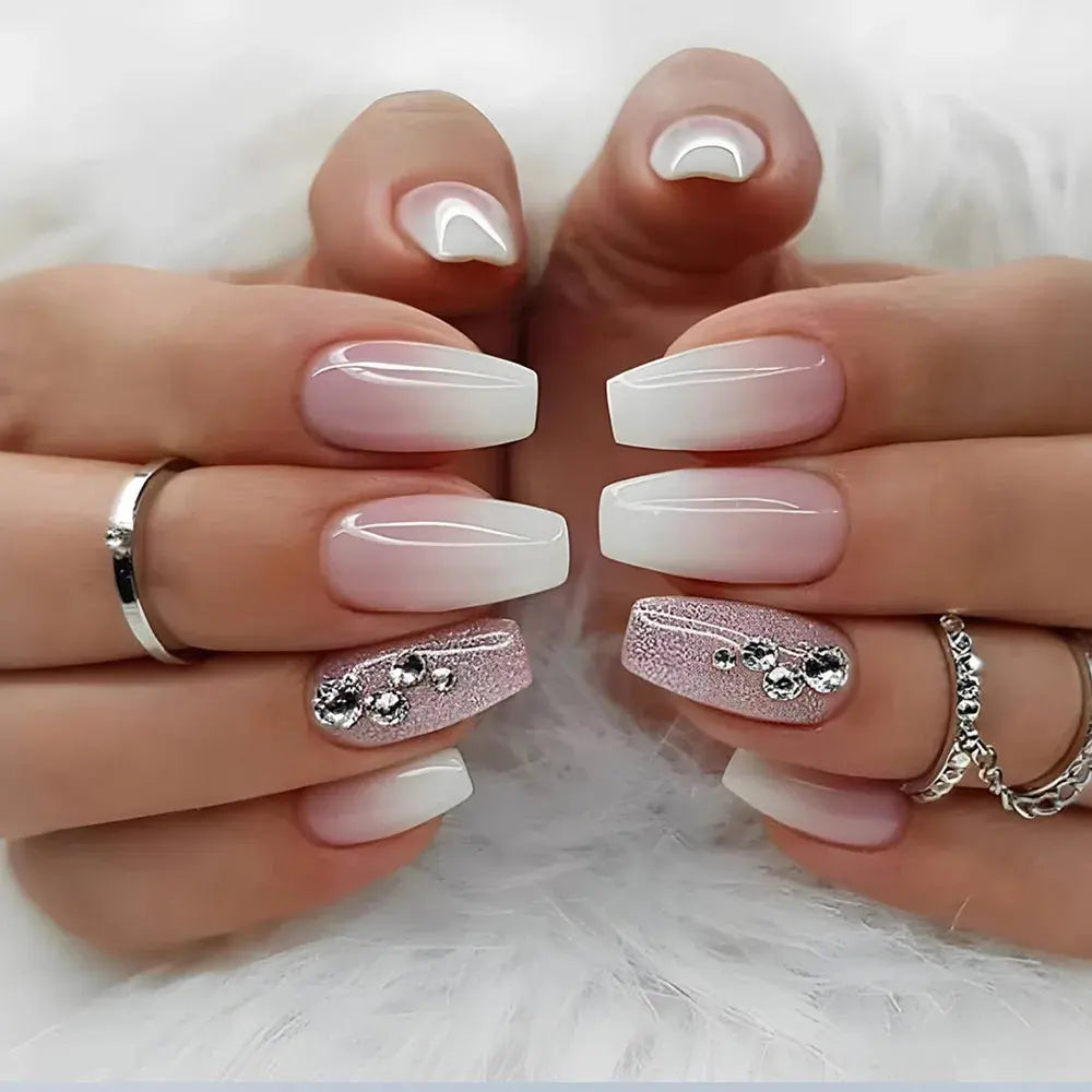 24Pcs Gradient Acrylic Fake Nails Art Long Ballet Wearing Nails Fake Press on Nail Tips Full Cover Removable French False Nails - MaJuah