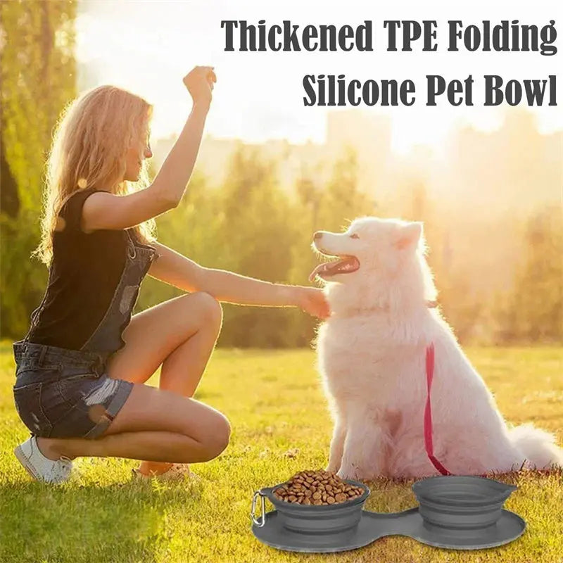 Rubber Foldable Double Bowl Pet Feeding Bowl Pets Supplies Dog Cat Bowls - MaJuah
