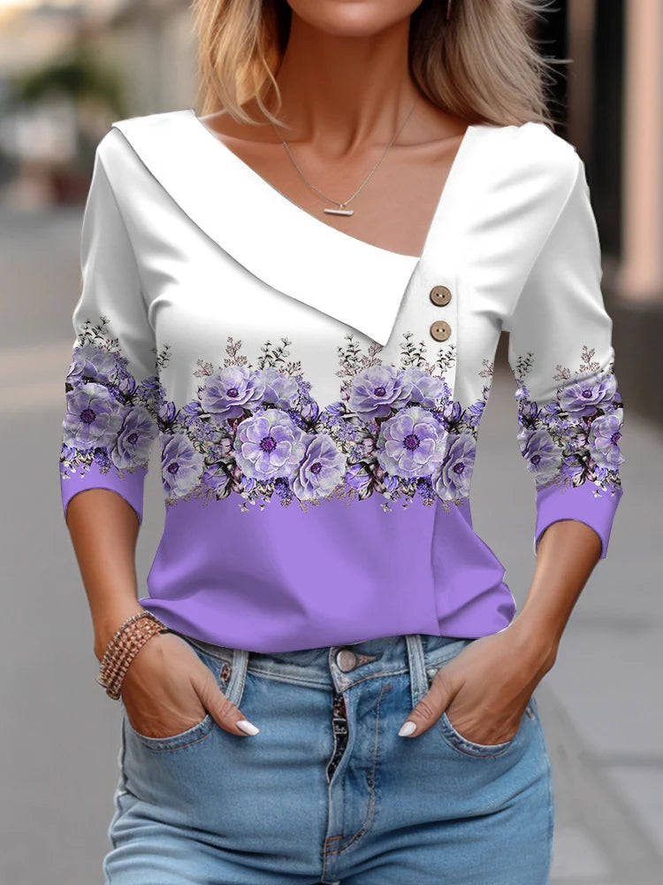 Women Fashion Long Sleeve Top White Floral Print Shirts And Blouses 3D Print Clothes For Women 2024