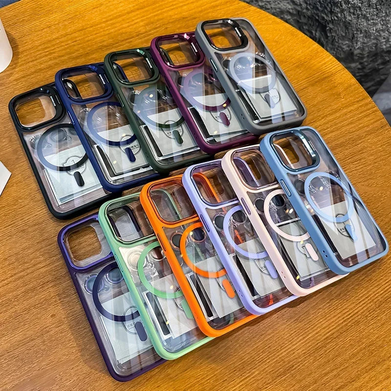 Luxury Magnetic Shockproof Phone Case for iPhone 15 14 13 12 11 Pro Max with Magsafe, Stand, Glass Lens Protector, and Back Cover