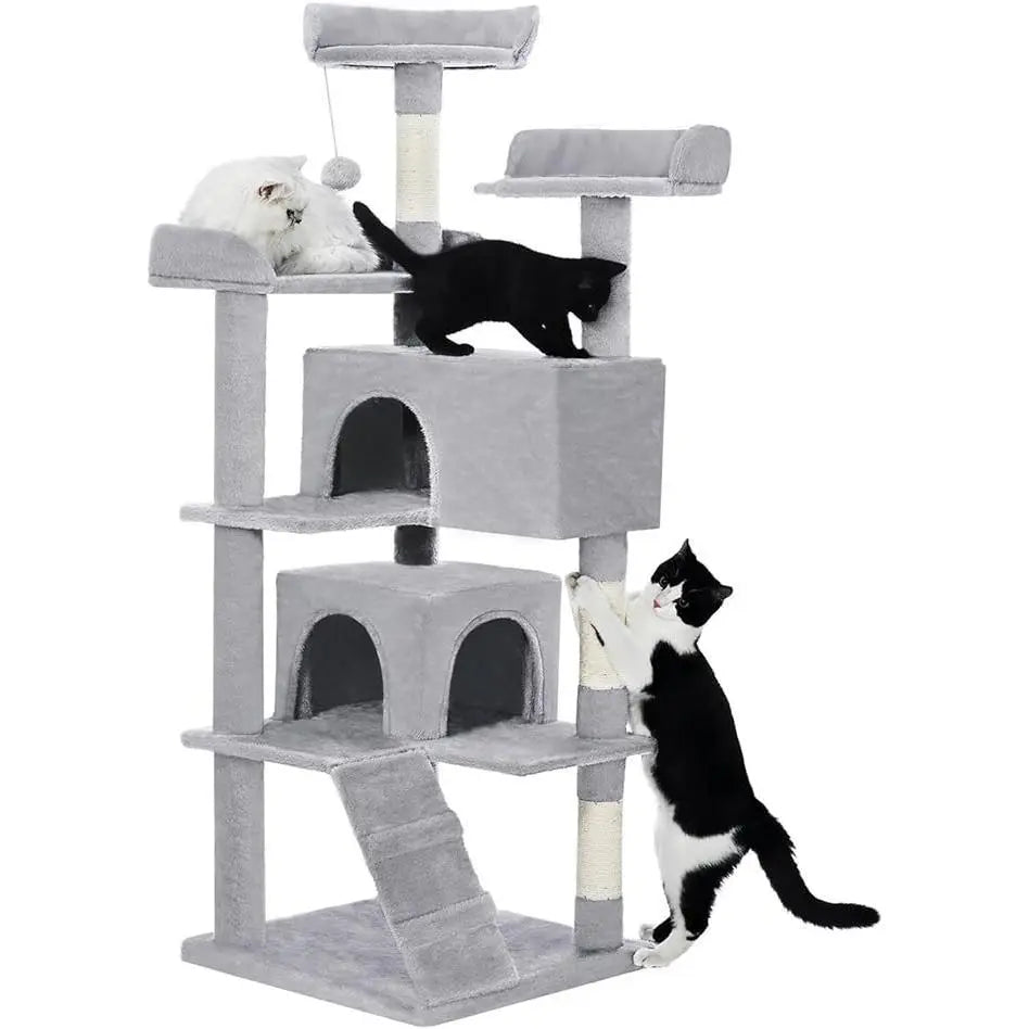 Made4Pets 56-inch Pet Cat Tree For Indoor Cats Multi-Level Cat Tree With 2 Apartments Cat Activity Center With Scratching Posts And Toys Light Gray - MaJuah