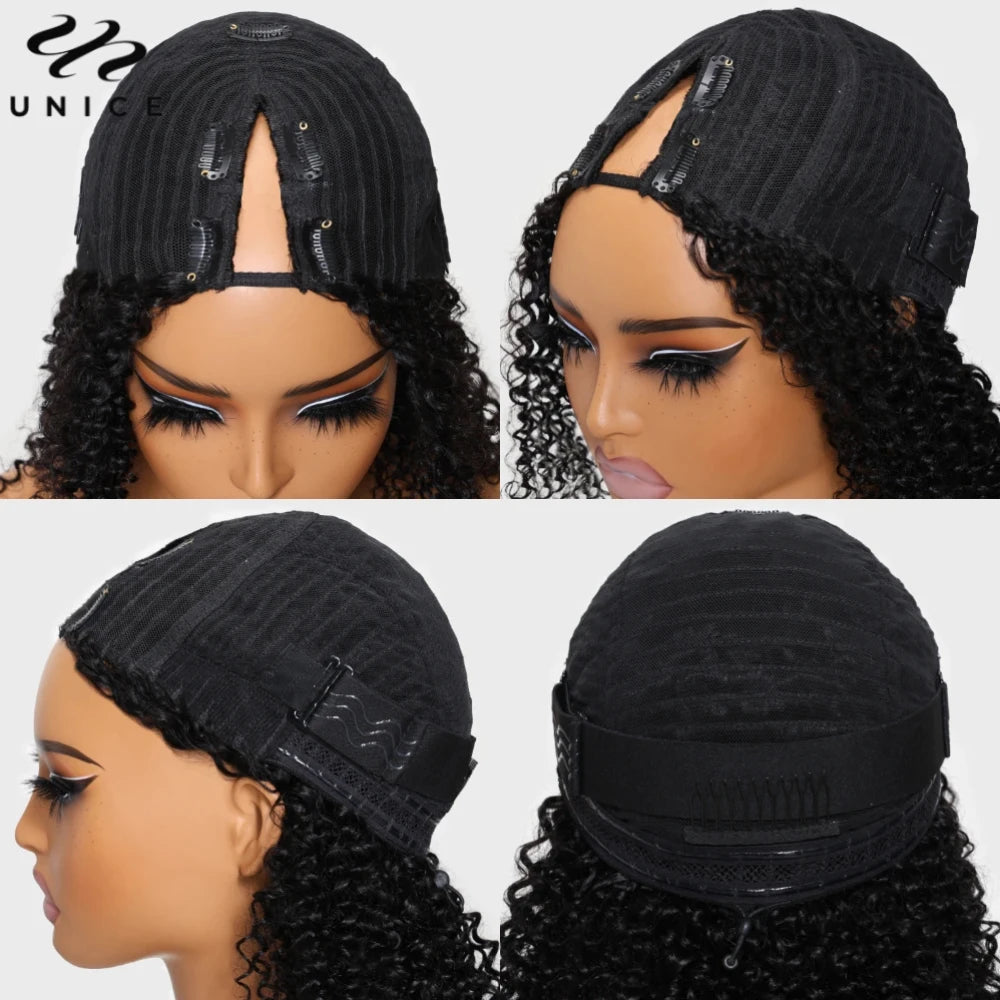 UNICE Hair EasiContour Jerry Curly V Part Wig 100% Human Hair Seamless Edge Upgrade U Part Wig Beginner Friendly Human Hair Wigs, Ships From - United States