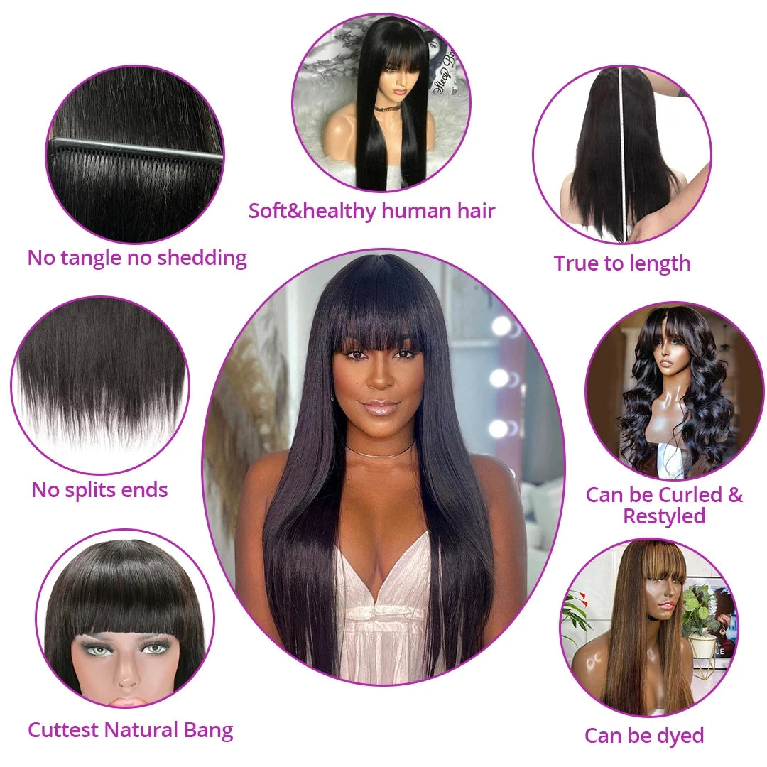 Straight Human Hair Wigs With Bang Full Machine Made Wigs 8-30inch Natural Color Peruvian Remy Human Hair Wigs