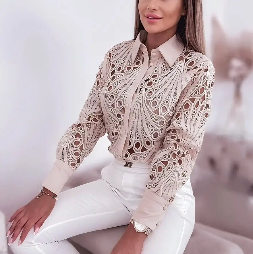 versatile women's shirt Commuter Lace Hollow-out Long Sleeve Shirt For Women Qigang