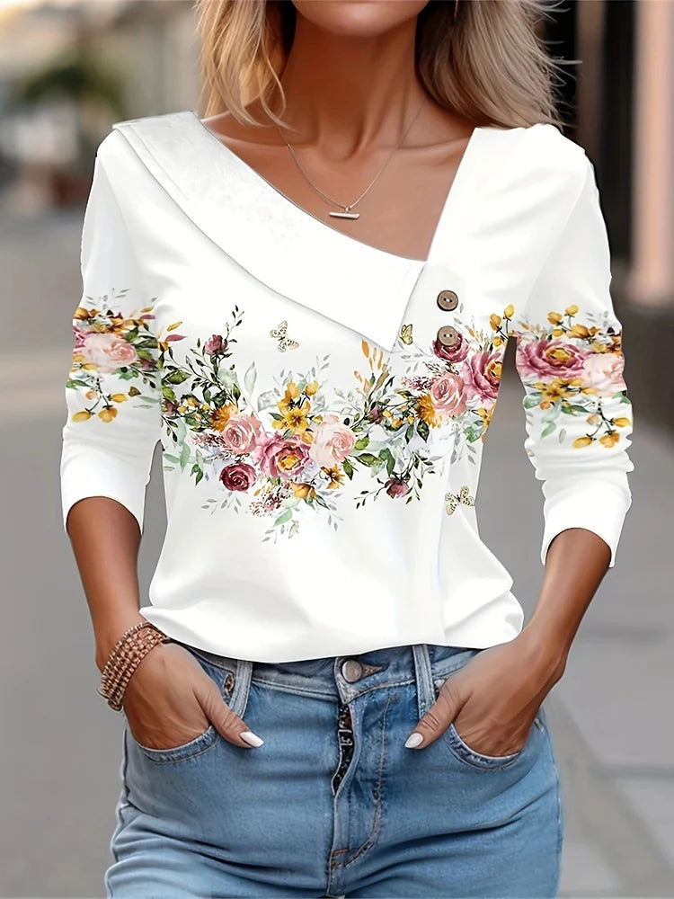 Women Fashion Long Sleeve Top White Floral Print Shirts And Blouses 3D Print Clothes For Women 2024