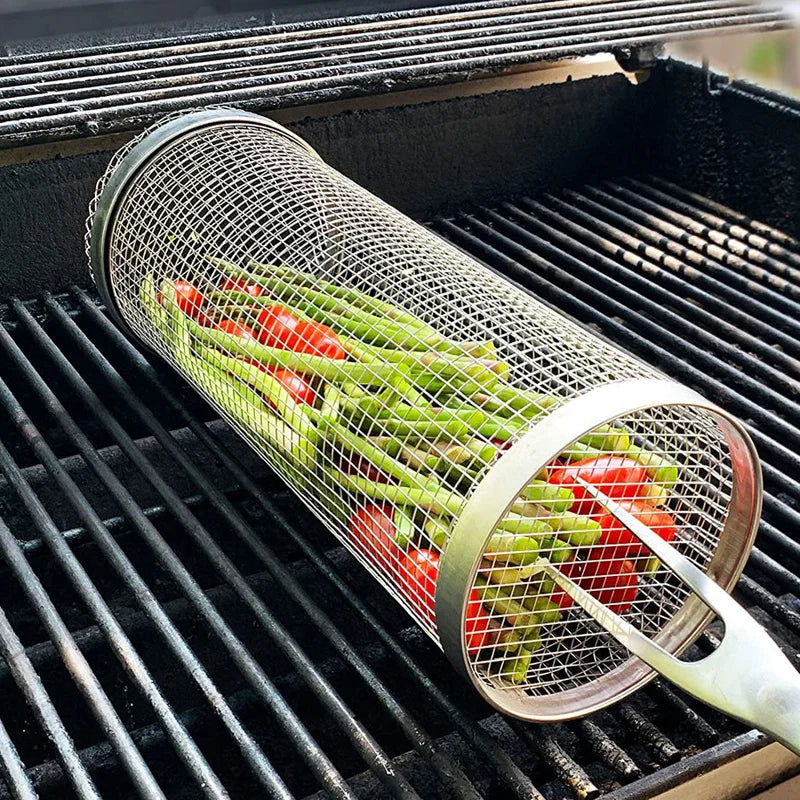 Stainless Steel Rolling Grilling BBQ Basket: Leakproof Mesh Barbecue Rack for Outdoor Picnic & Camping