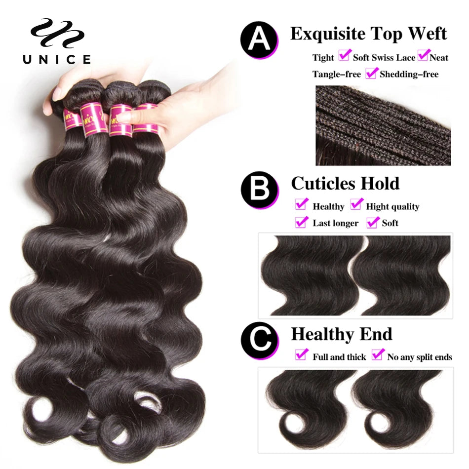 UNICE Hair Body Wave Human Hair Bundles Brazilian Virgin Hair Bundles Natural Color 100% Human Hair Weave 1/3/4 Bundles Deal