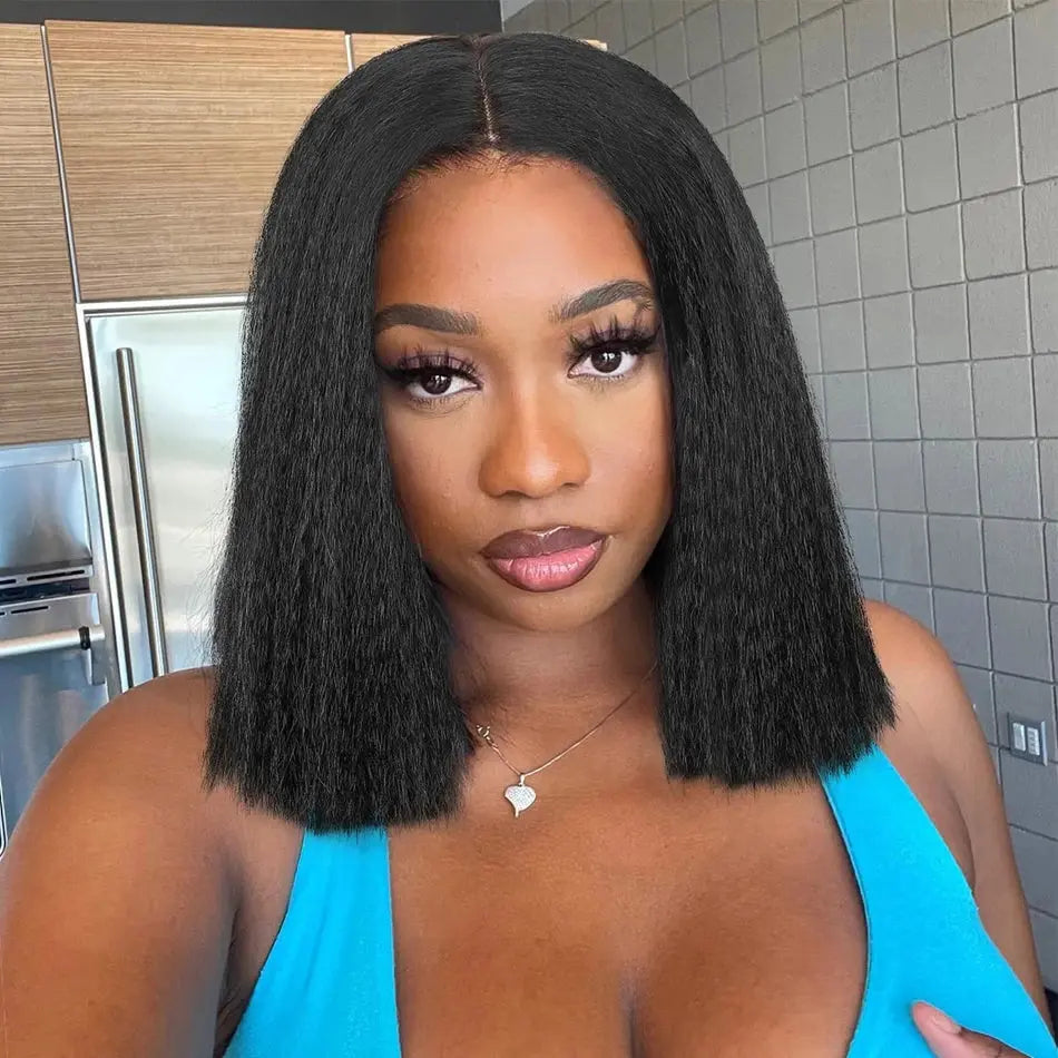 Yaki Glueless Wig Human Hair Ready To Wear 13X4 Lace Frontal Pre Plucked Pre Cut Kinky Straight HD Transparent For Women - MaJuah