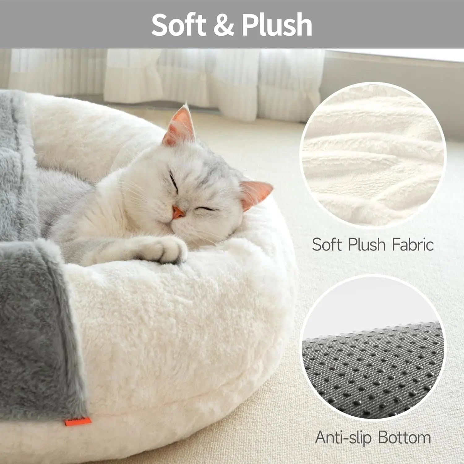 Enclosed Cat Bed Cave - Washable Pet Bed With Blanket & Non-Slip Base For Cats & Small Dogs 22'' X 22'', White - MaJuah