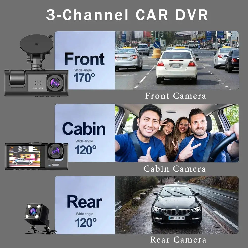 2.0Inch Car DVR Dash Cam HD Dash Camera Three Way Lens Video Recorder 1080P Black Box Cycle Recording Dashcam Camcorder - MaJuah