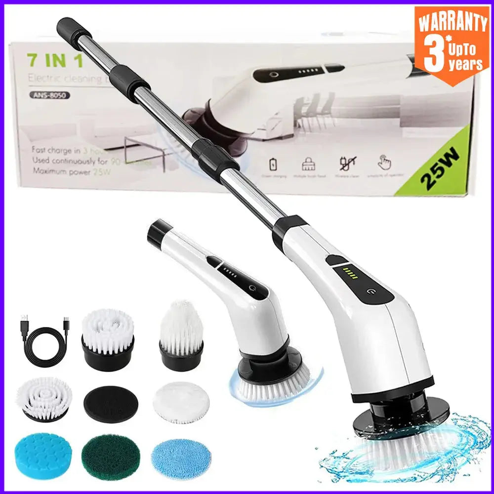 Electric Spin Scrubber Cleaning Turbo Scrub Brush with 7 Replacement Brush Heads Adjustable Handle Kitchen Bathroom Clean Tools - MaJuah