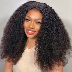 Afro Kinky Curly Wig Fluffy Transparent Lace Front Human Hair Short Curly Wig Natural Black Pre-Plucked Glueless Wig 300% Density