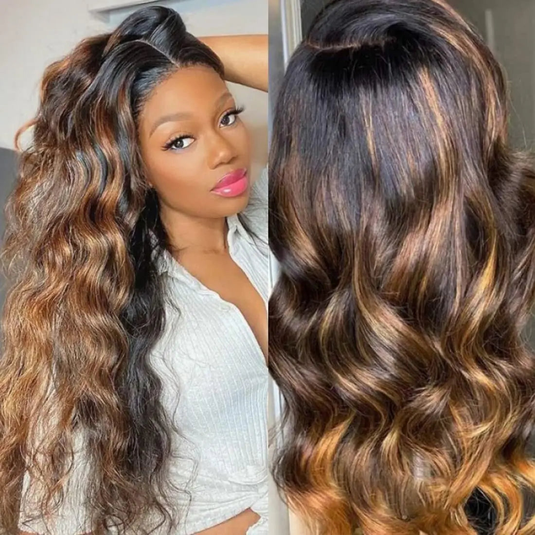 Body Wave 13x5x1 Middle T-Par Lace Front Wig Human Hair Brown Balayage Highlight Lace Frontal Wig PrePlucked Lace Wigs for Women, Ships From - United States
