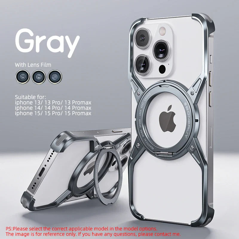 Metal Aluminium Alloy Magnetic Frameless Phone Case For iPhone 14 13 15 Pro Max 360° Stand Rimless Bumper Shockproof Metal Cover