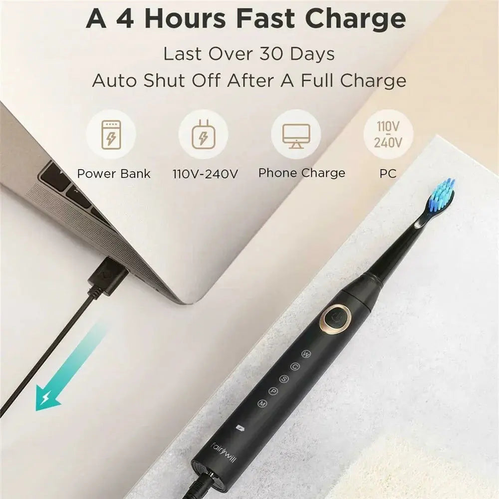Fairywill Electric Sonic Toothbrush 5 Modes Replacement Heads Waterproof Travel Case Powerful Cleaning Soft Heads Toothbrush Set, Ships From - Russian Federation - MaJuah