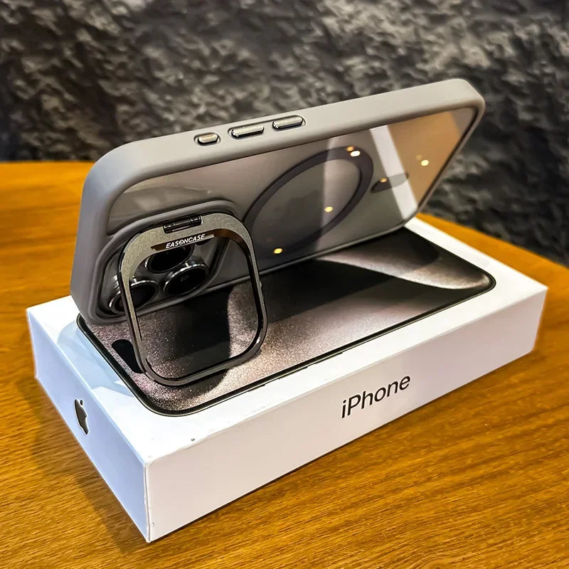 Luxury Magnetic Shockproof Phone Case for iPhone 15 14 13 12 11 Pro Max with Magsafe, Stand, Glass Lens Protector, and Back Cover