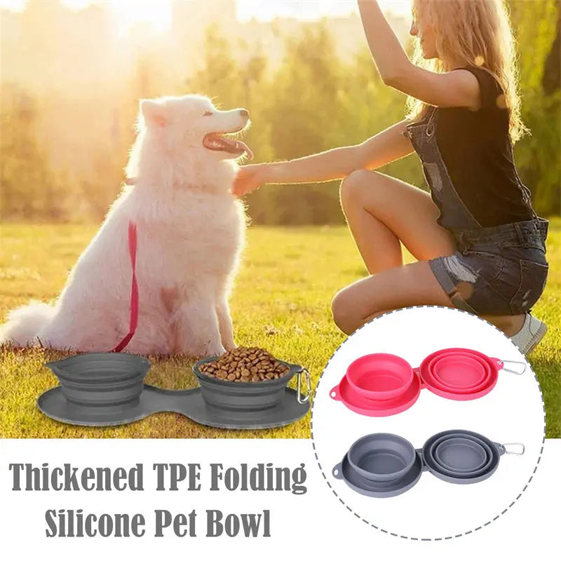 Rubber Foldable Double Bowl Pet Feeding Bowl Pets Supplies Dog Cat Bowls - MaJuah