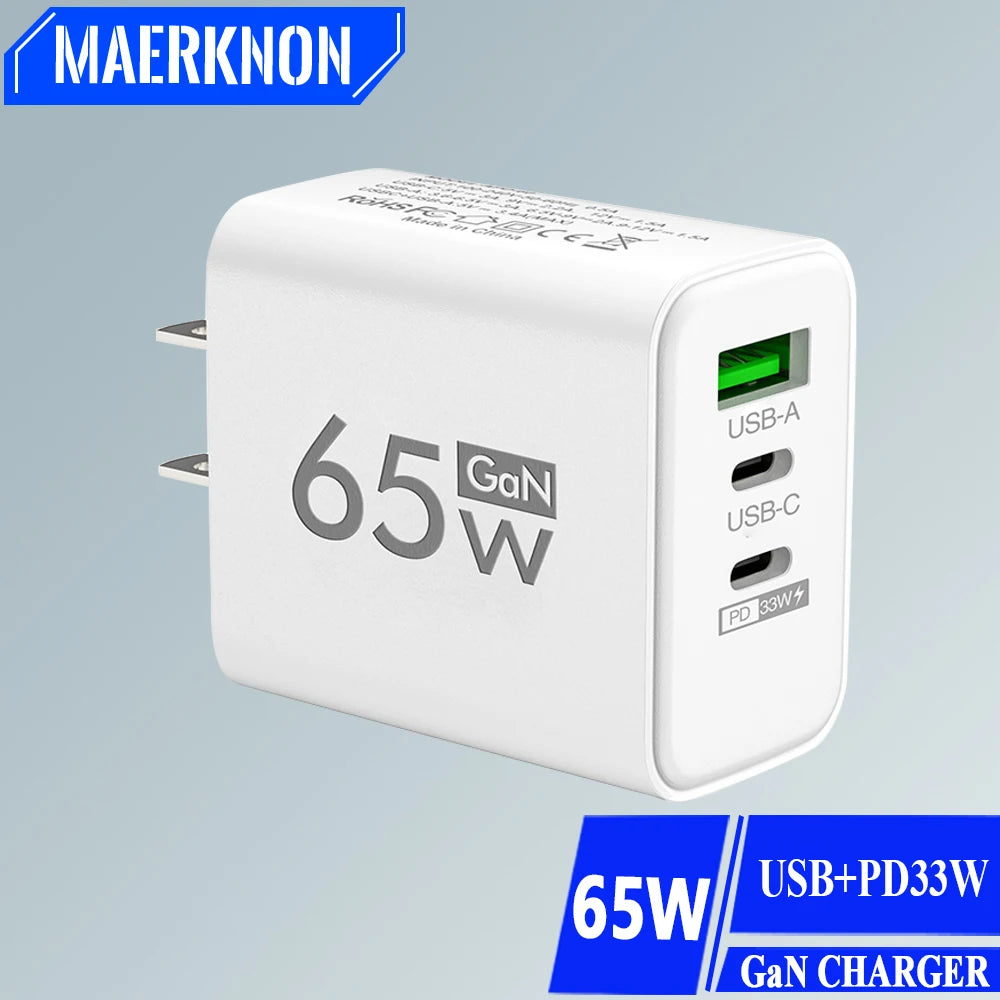 65W GaN USB Fast Charger for iPhone 14, 15 Pro, Xiaomi, Samsung, and more