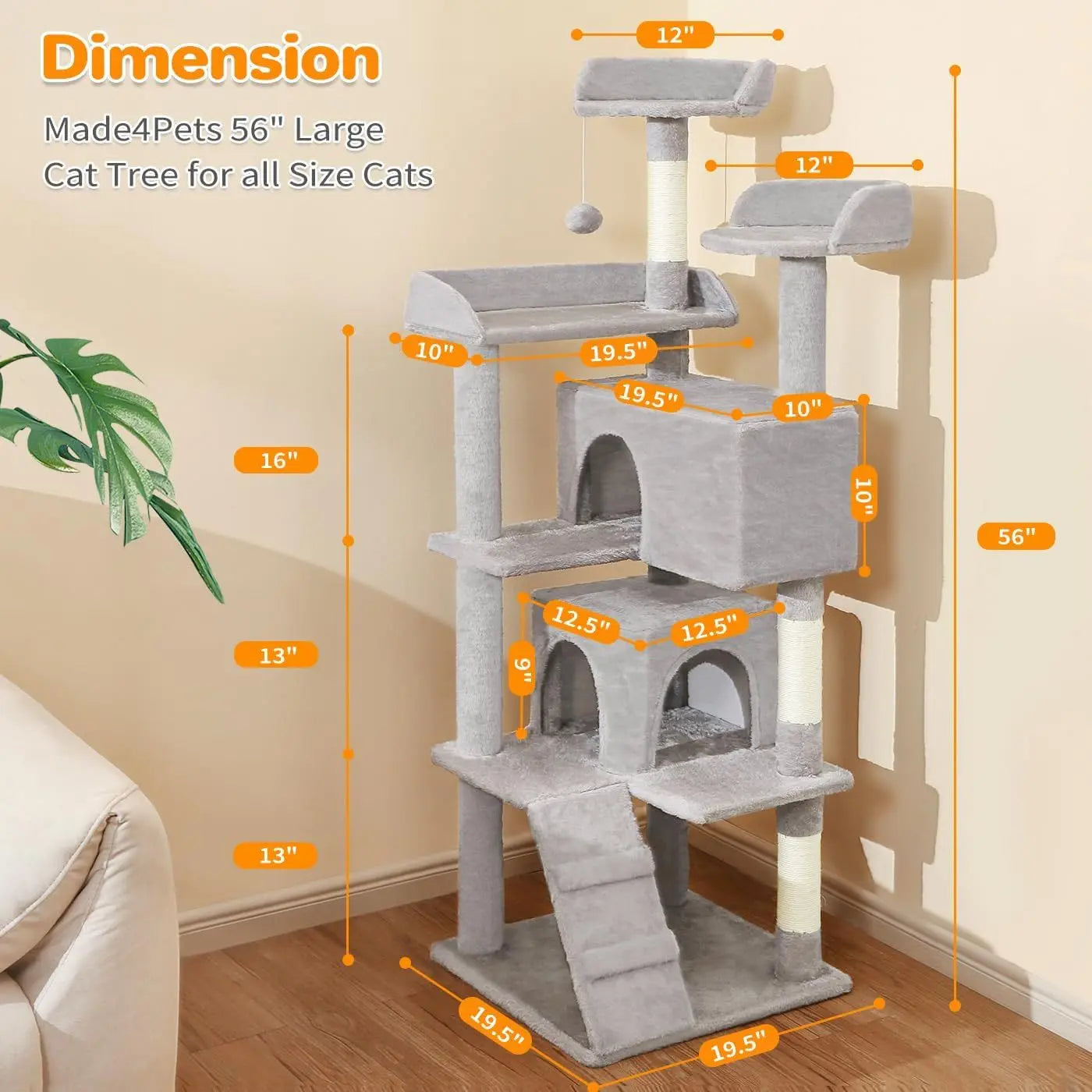 Made4Pets 56-inch Pet Cat Tree For Indoor Cats Multi-Level Cat Tree With 2 Apartments Cat Activity Center With Scratching Posts And Toys Light Gray - MaJuah