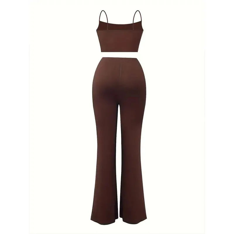 women's clothing Sexy Halter Crop Top With Drawstring Front And Flared Pants Two-piece Set Qigang