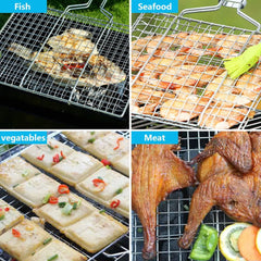 Outdoor Camping BBQ Folding Grilling Basket: Stainless Steel Foldable Grill Rack for Seafood, Steak, and Vegetables
