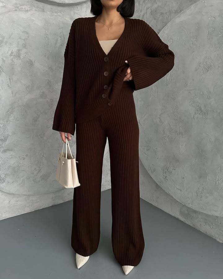 Casual Women's Solid Color Long Sleeve Button Cardigan Sweater Pants Set CozyPet Store