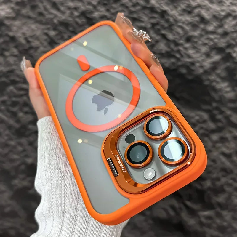 Luxury Magnetic Shockproof Phone Case for iPhone 15 14 13 12 11 Pro Max with Magsafe, Stand, Glass Lens Protector, and Back Cover
