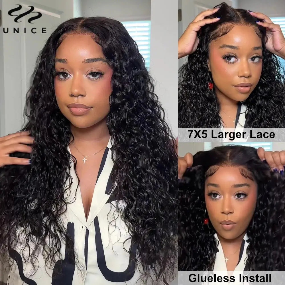 Unice Hair Pre Cut Pre Bleached 7x5 Lace Wear Go Glueless Wig 100% Human Hair Natural Color Water Wave Lace Front Wig - MaJuah