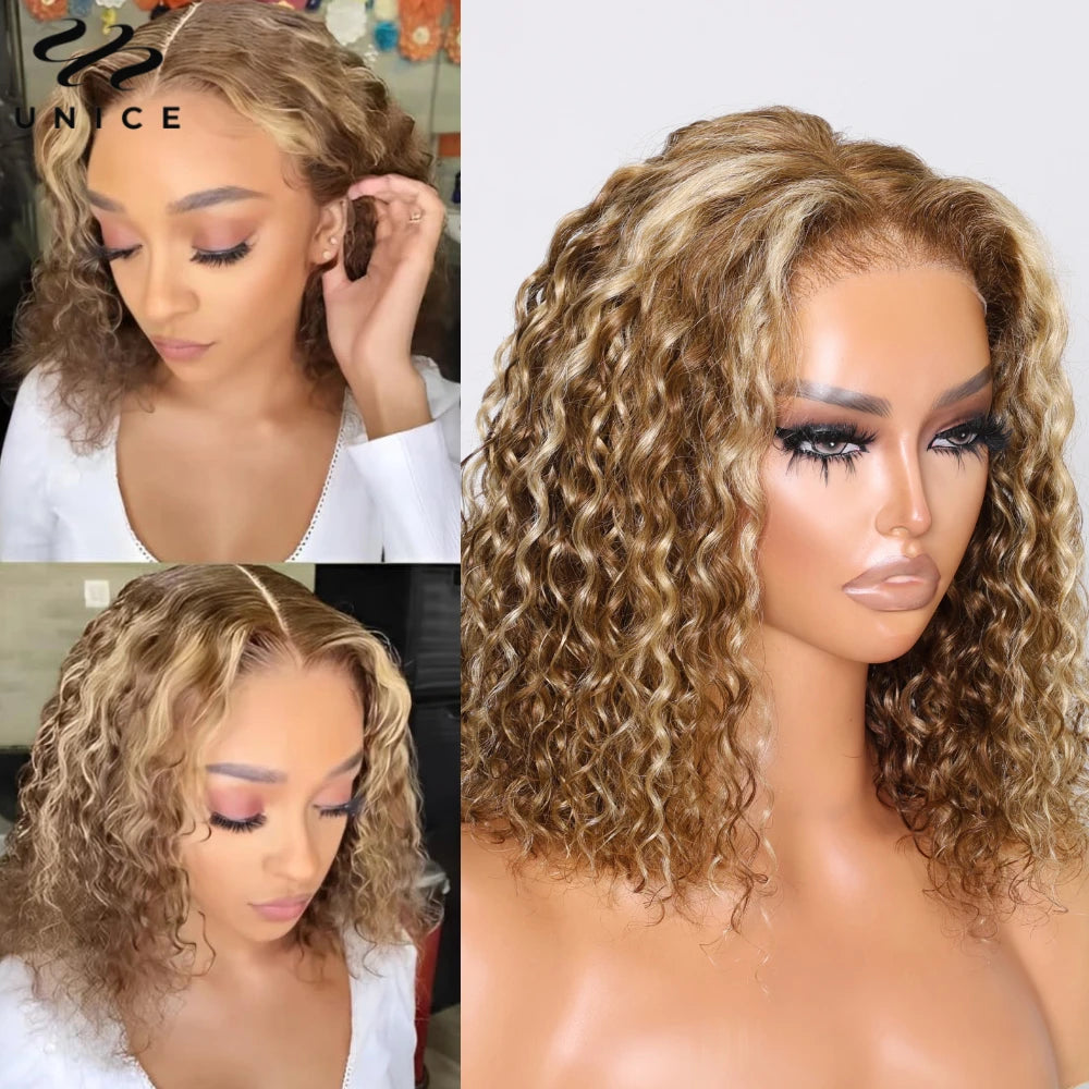 UNice 7x5 Glueless Water Wave Bob Wig Honey Blonde Highlight Pre Bleached Pre Cut Lace Closure Wig Human Hair Wig Ready To Wear, Ships From - United States