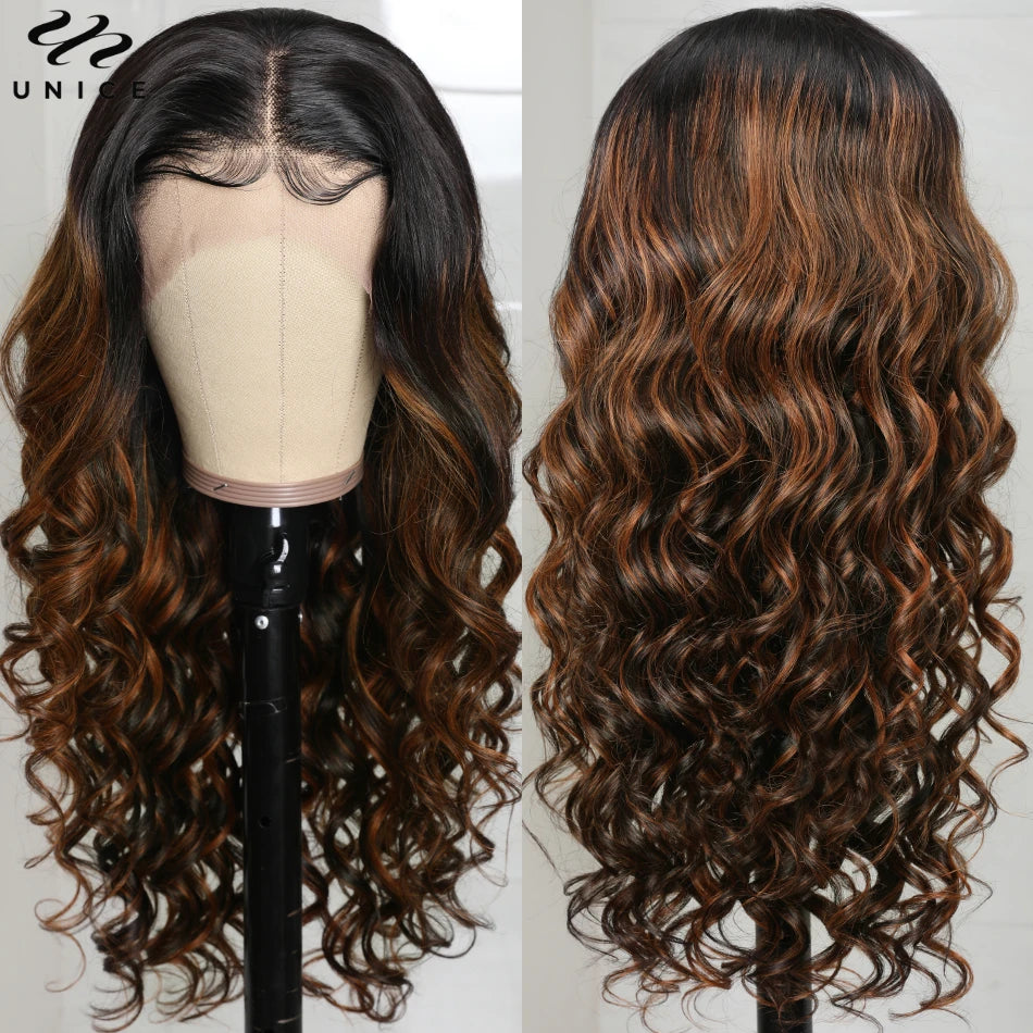 Body Wave 13x5x1 Middle T-Par Lace Front Wig Human Hair Brown Balayage Highlight Lace Frontal Wig PrePlucked Lace Wigs for Women, Ships From - United States