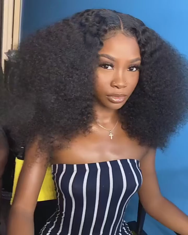 Afro Kinky Curly Wig Fluffy Transparent Lace Front Human Hair Short Curly Wig Natural Black Pre-Plucked Glueless Wig 300% Density