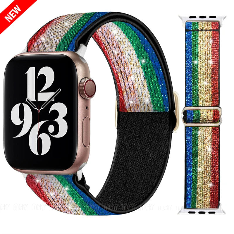 Elastic Strap for Apple Watch Series 9/8/7 6 5 4 Se ultra 2 49mm 41mm 45mm 40mm/44mm pride Nylon loop Shiny Bracelet iWatch Band