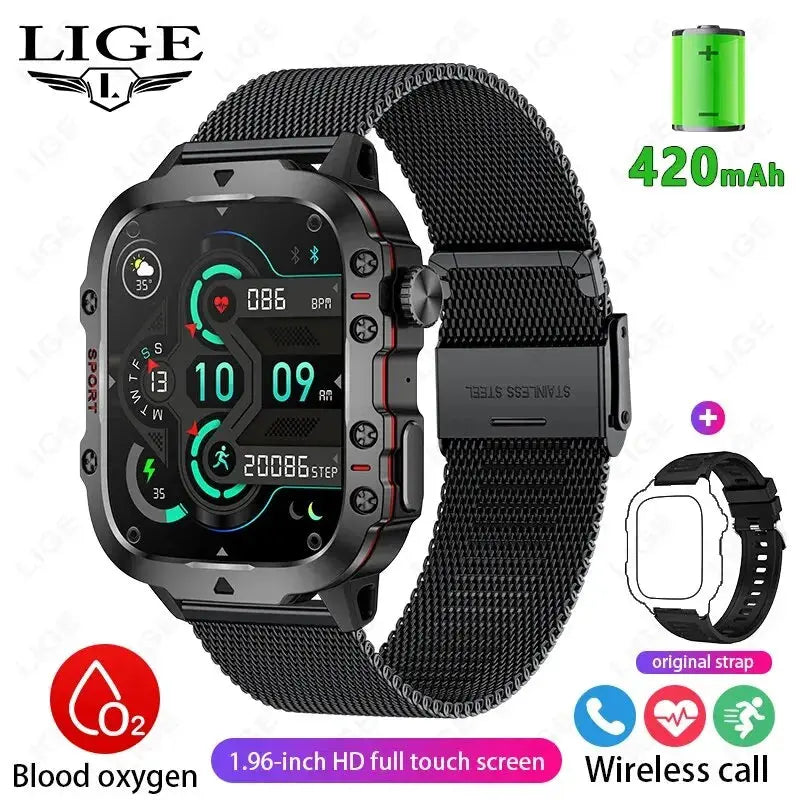 LIGE New Smart Watch 1.96 Inch Screen 420 MAh Bluetooth Call Voice Assistant Watch Sports Fitness Waterproof Smartwatch For Men - MaJuah