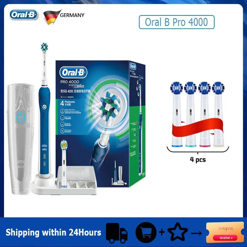 Oral B Electric Toothbrush Pro 4000 3D Action Daily Clean Teeth Visible Pressure Sensor 4 Modes Gum Cares Waterproof Rechargeabl - MaJuah