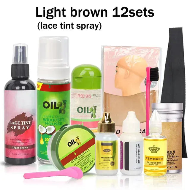 Flechazo Wig Kit 12Pcs Hair Mousse Lace Tinted Spray Lace Wig Glue Remover Hair Wax Stick Lace Melting Band For Lace Front Wigs - MaJuah