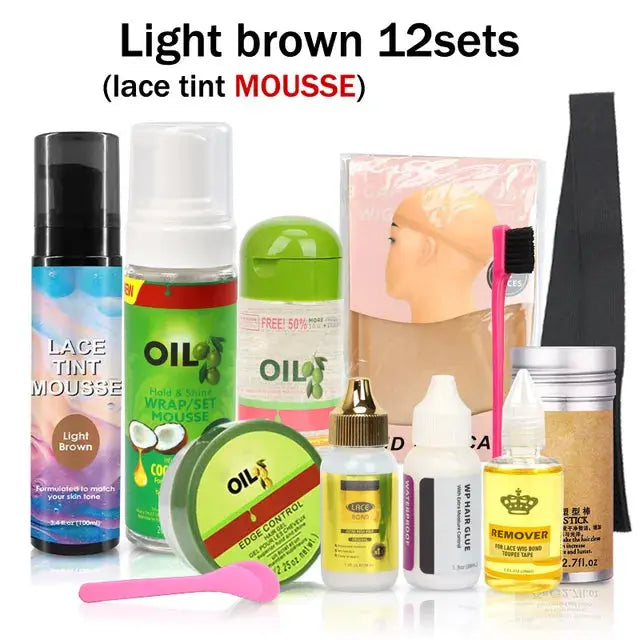 Flechazo Wig Kit 12Pcs Hair Mousse Lace Tinted Spray Lace Wig Glue Remover Hair Wax Stick Lace Melting Band For Lace Front Wigs - MaJuah