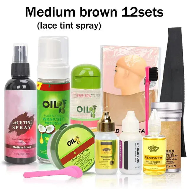 Flechazo Wig Kit 12Pcs Hair Mousse Lace Tinted Spray Lace Wig Glue Remover Hair Wax Stick Lace Melting Band For Lace Front Wigs - MaJuah