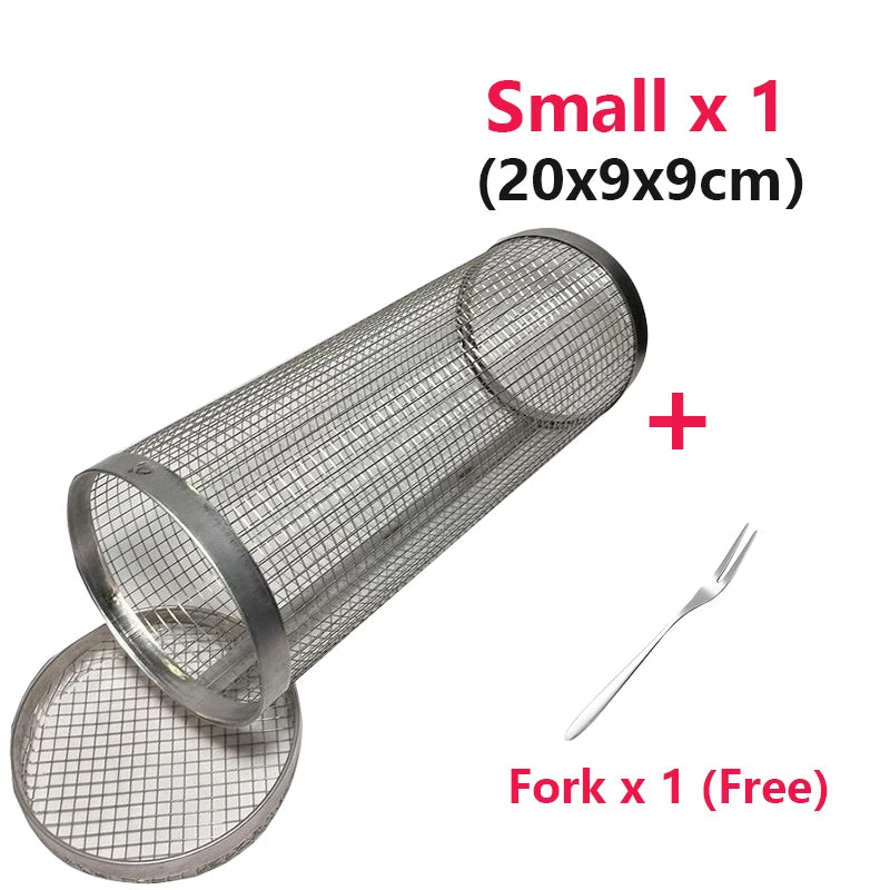 Stainless Steel Rolling Grilling BBQ Basket: Leakproof Mesh Barbecue Rack for Outdoor Picnic & Camping