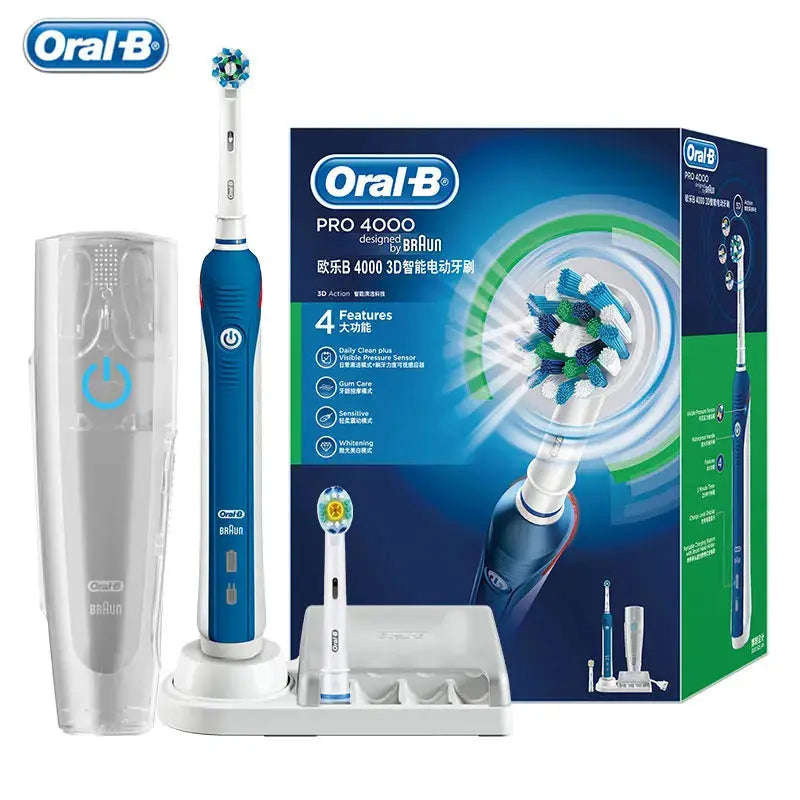 Oral B Electric Toothbrush Pro 4000 3D Action Daily Clean Teeth Visible Pressure Sensor 4 Modes Gum Cares Waterproof Rechargeabl - MaJuah