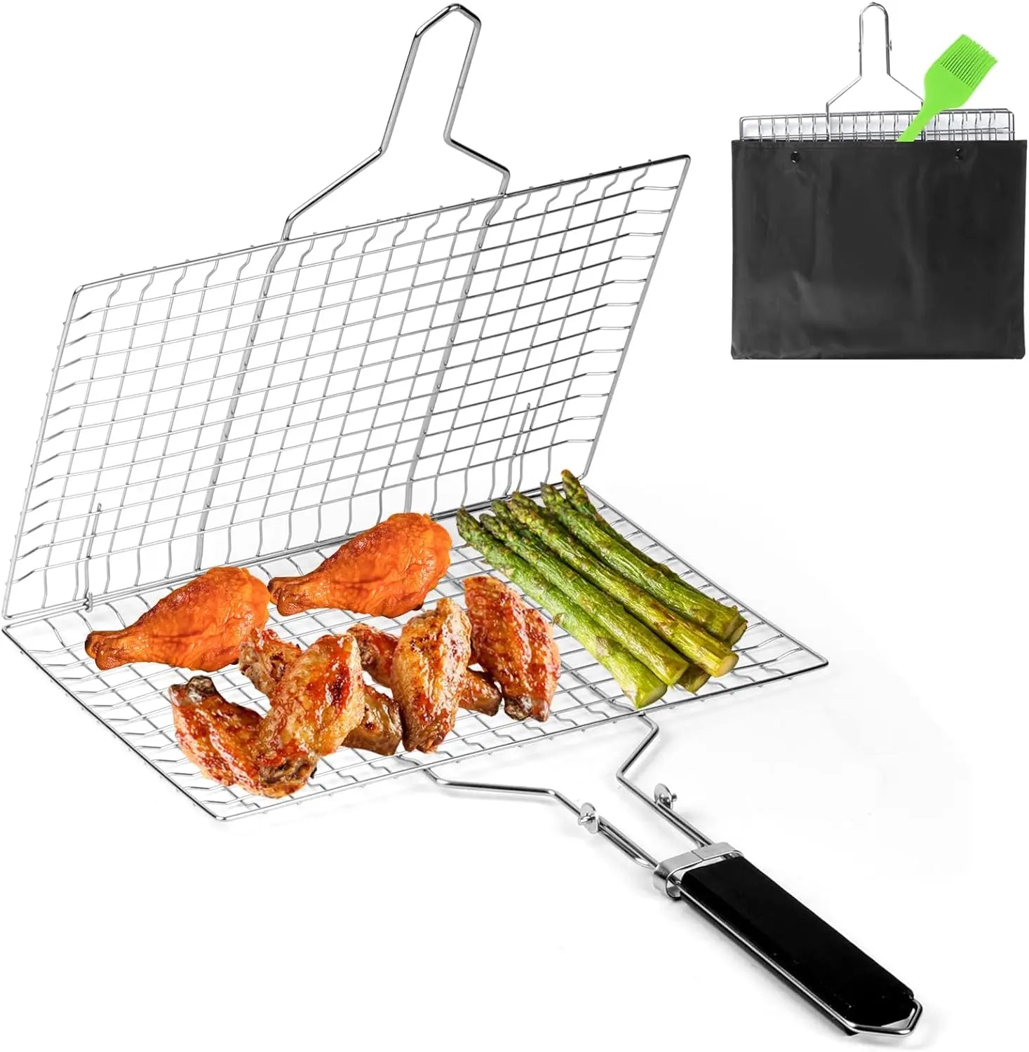 Outdoor Camping BBQ Folding Grilling Basket: Stainless Steel Foldable Grill Rack for Seafood, Steak, and Vegetables