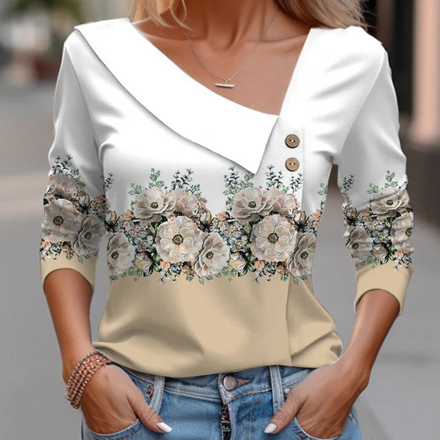 Women Fashion Long Sleeve Top White Floral Print Shirts And Blouses 3D Print Clothes For Women 2024