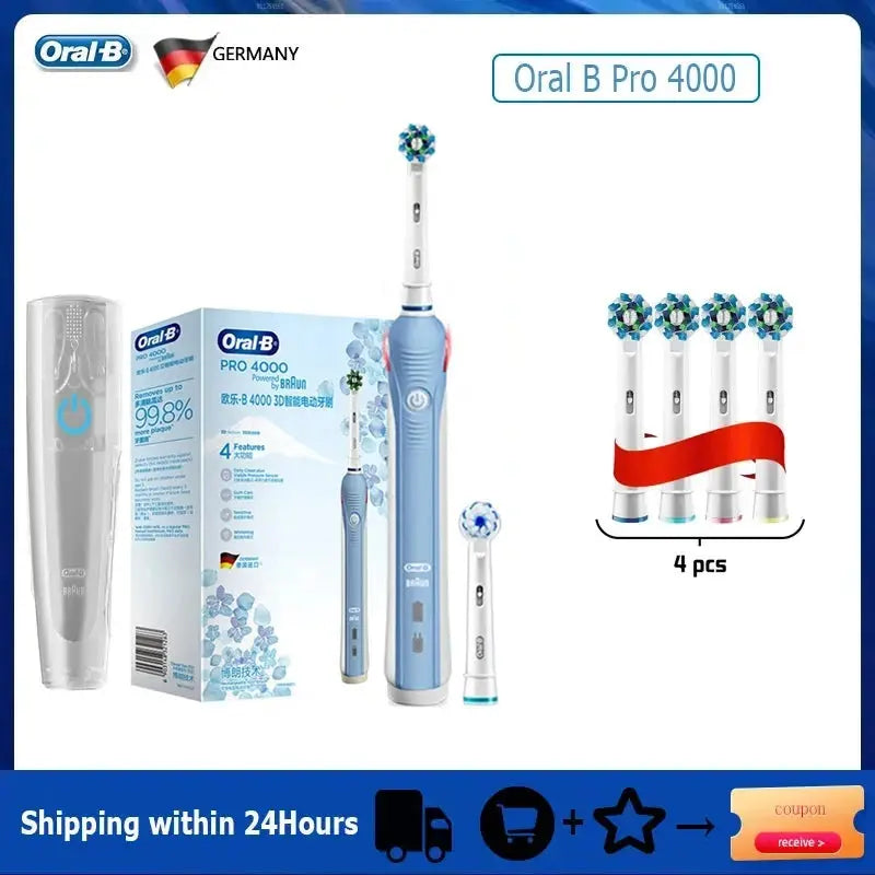 Oral B Electric Toothbrush Pro 4000 3D Action Daily Clean Teeth Visible Pressure Sensor 4 Modes Gum Cares Waterproof Rechargeabl - MaJuah