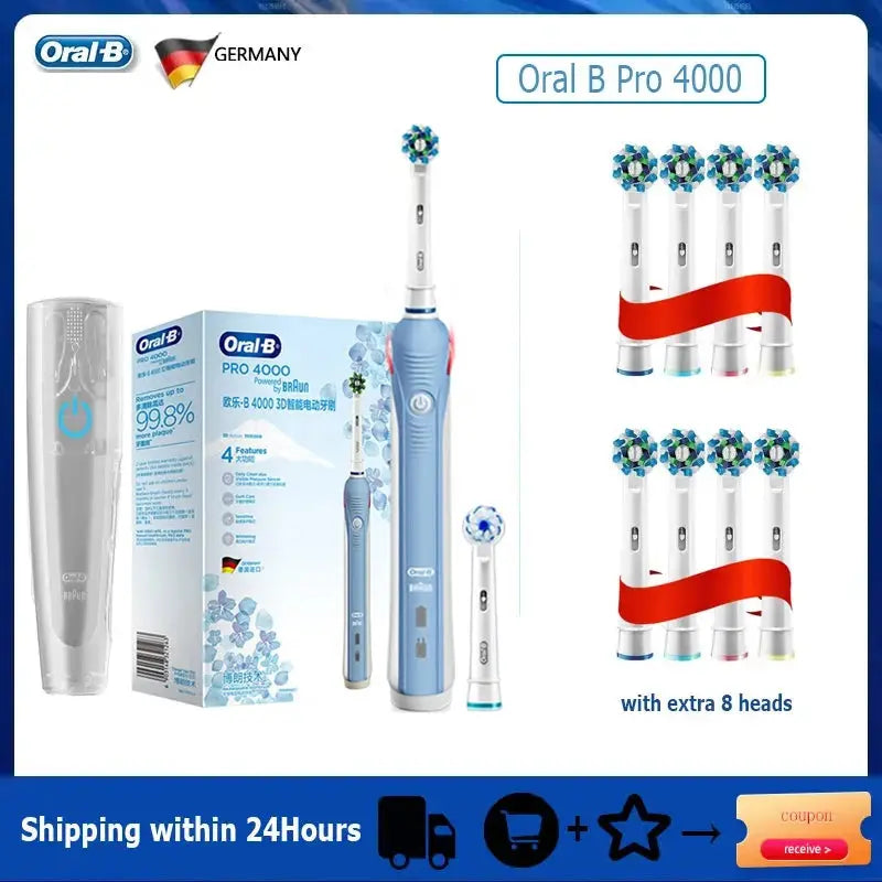 Oral B Electric Toothbrush Pro 4000 3D Action Daily Clean Teeth Visible Pressure Sensor 4 Modes Gum Cares Waterproof Rechargeabl - MaJuah