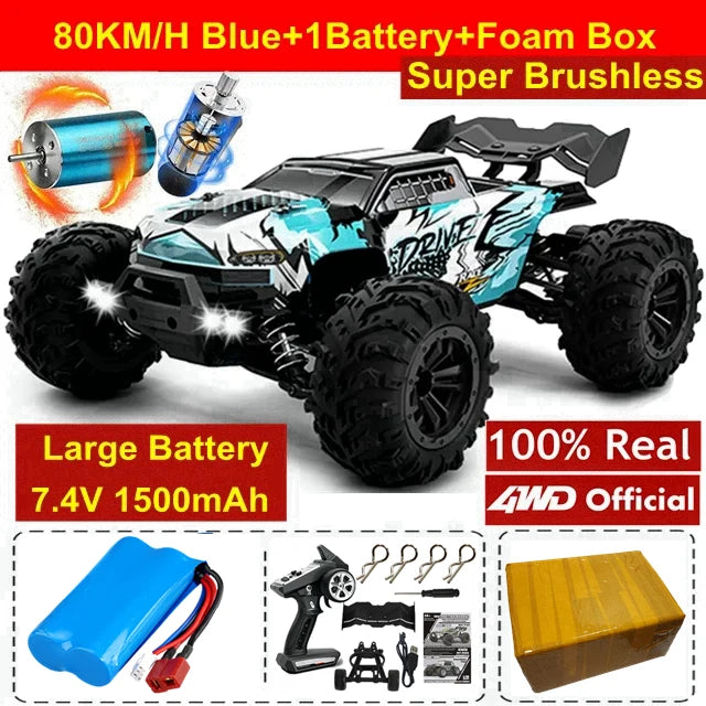 1:16 80km/h Brushless RC Drift Car With LED Lights 4WD Electric High Speed Racing Remote Control Monster Truck for Kids Adults