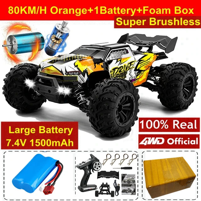 1:16 80km/h Brushless RC Drift Car With LED Lights 4WD Electric High Speed Racing Remote Control Monster Truck for Kids Adults