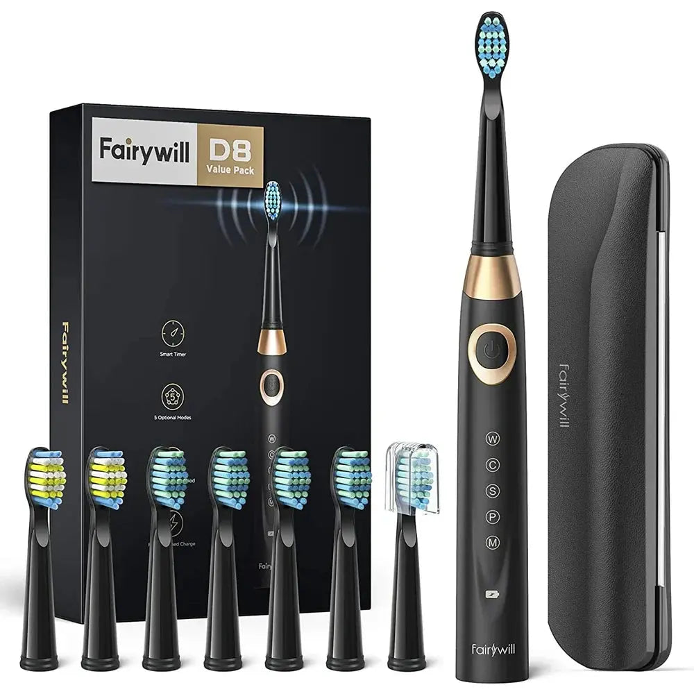 Fairywill Electric Sonic Toothbrush 5 Modes Replacement Heads Waterproof Travel Case Powerful Cleaning Soft Heads Toothbrush Set, Ships From - spain - MaJuah
