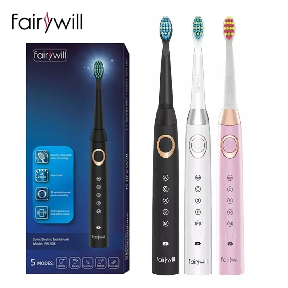 Fairywill Electric Sonic Toothbrush 5 Modes Replacement Heads Waterproof Travel Case Powerful Cleaning Soft Heads Toothbrush Set, Ships From - Russian Federation - MaJuah